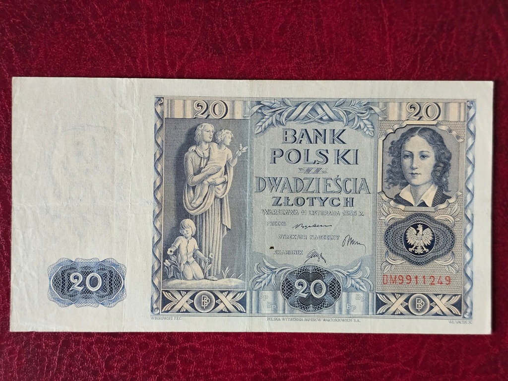 20 złotych 1936 rok Seria DM 9911249 . Polecam - Bardzo ładny