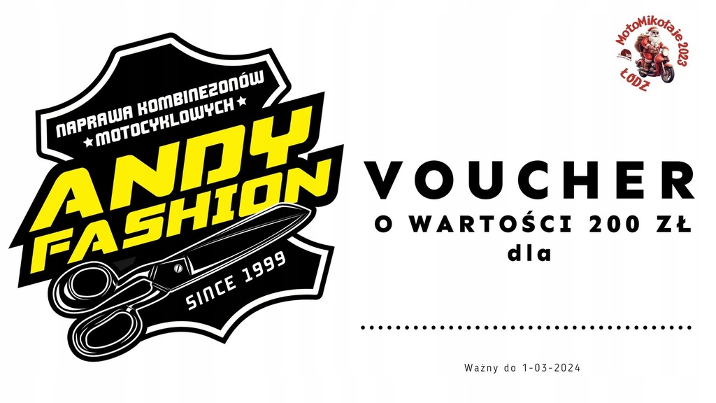 Voucher na naprawę odzieży motocyklowej z ANDY FASHION, MotoMikołaje 2023!