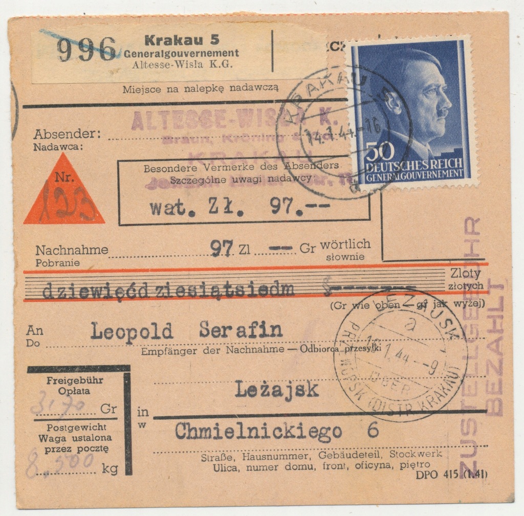 GG - Skart Paketkarte Altesse Wisla KG 1944. (829)