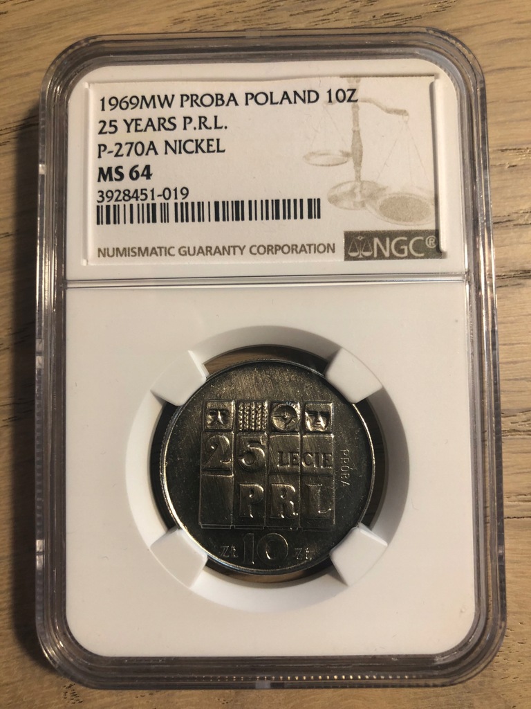 10 złotych PRÓBA 25 lat PRL-1969 MS64 NGC