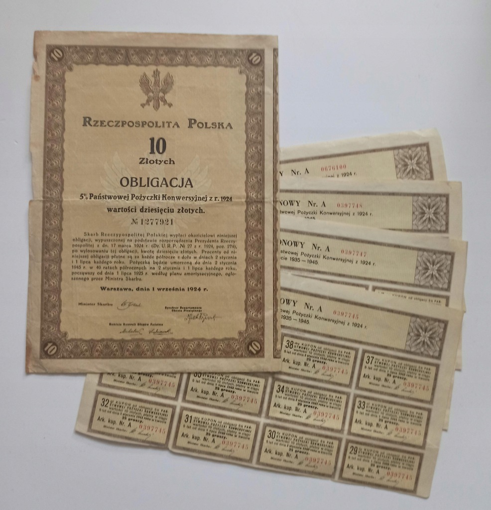 Obligacja 10 zł 1924 r. + arkusze kuponowe 4 szt.