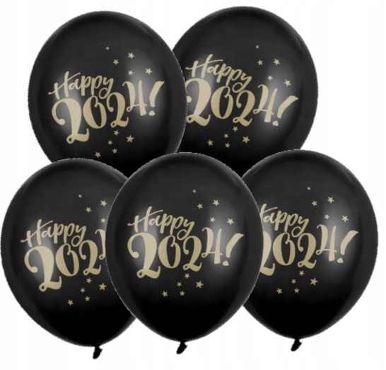Balony czarne Happy 2024 Sylwester Nowy Rok 5 sztuk