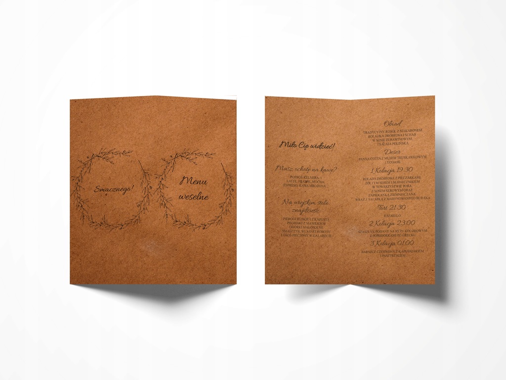Menu weselne, papier eko, czarne kwiaty, liście