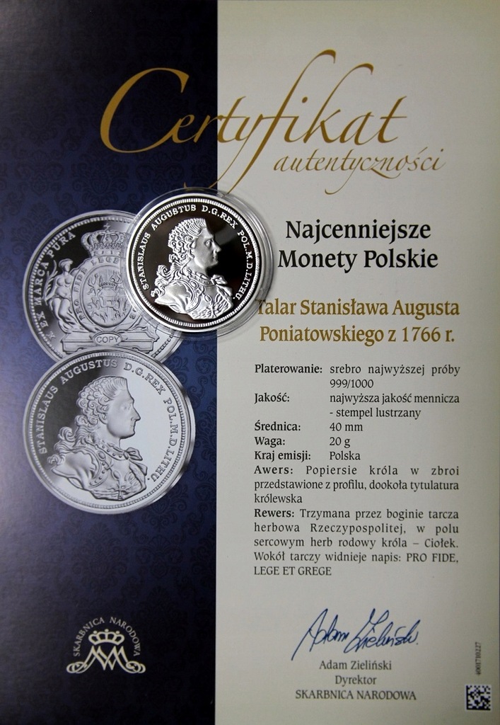 TALAR 1766 S.A.PONIATOWSKI + CERTYFIKAT