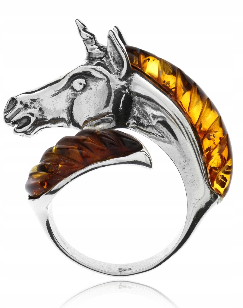 Srebrny pierścionek koń z bursztynem na prezent