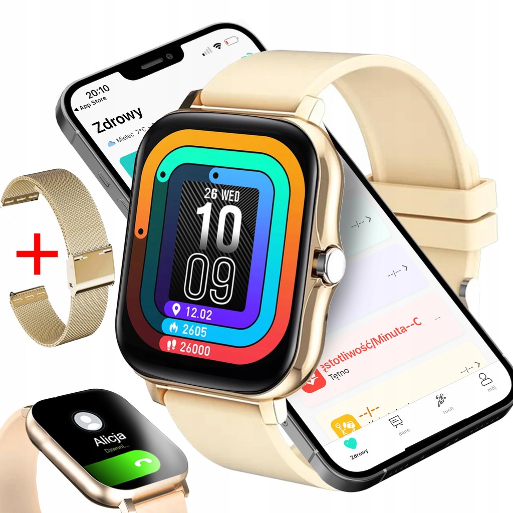 SMARTWATCH ZEGAREK POLSKIE MENU ROZMOWY SPORT SMART WODOODPORNY ZŁOTY