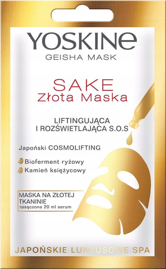 Yoskine Geisha Mask Sake Złota Maska na tkaninie liftingująca i rozświetlaj