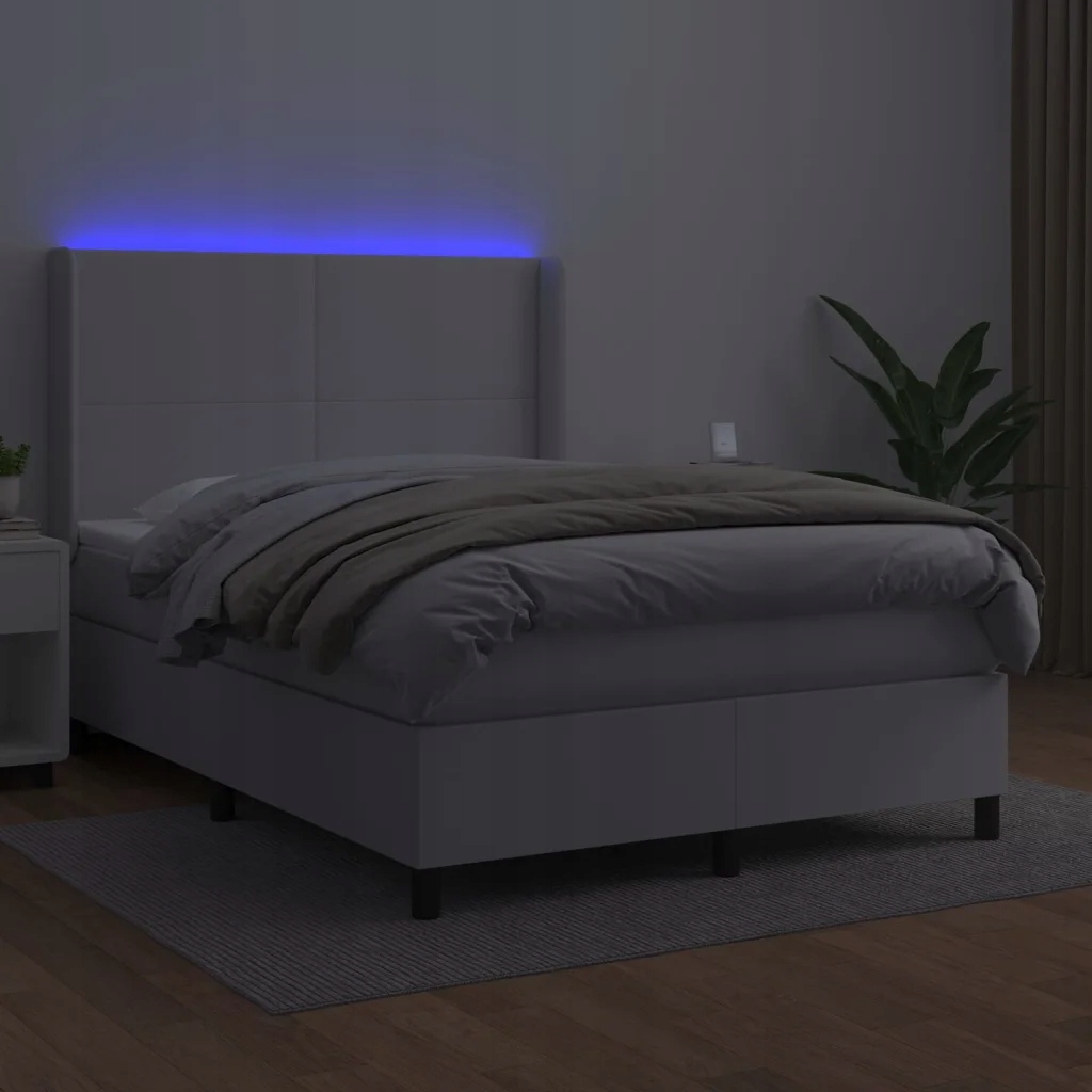 Łóżko kontynentalne z materacem i LED, biała ekoskóra 140x200cm