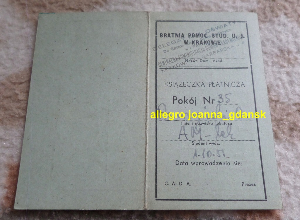 KS. PŁATNICZA Bratnia Pomoc Stud UJ AM Kraków 1951