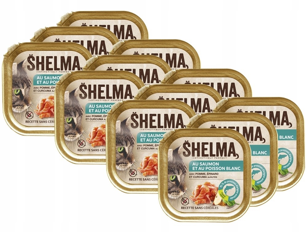 SHELMA PASZTECIK ŁOSOŚ I BIAŁA RYBA KARMA DLA KOTA 12x100G