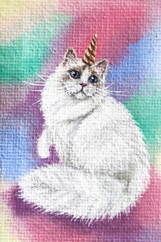 Kot Jednorożec - oryginalny obraz akrylowy na płótnie 5x8cm Kotomalarka