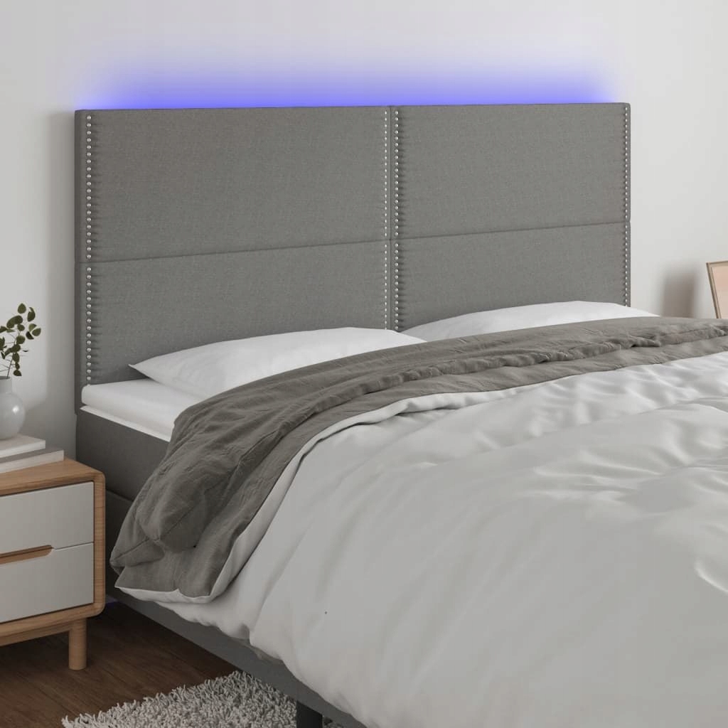 Zagłówek do łóżka z LED, ciemnoszary, 200x5x118/128 cm, tkanina