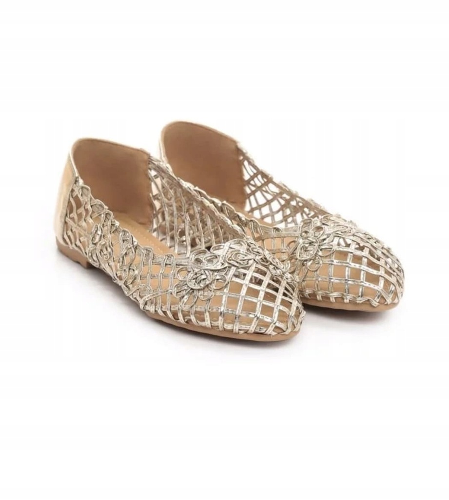 Buty Damskie Złote Balerinki Plecione r41