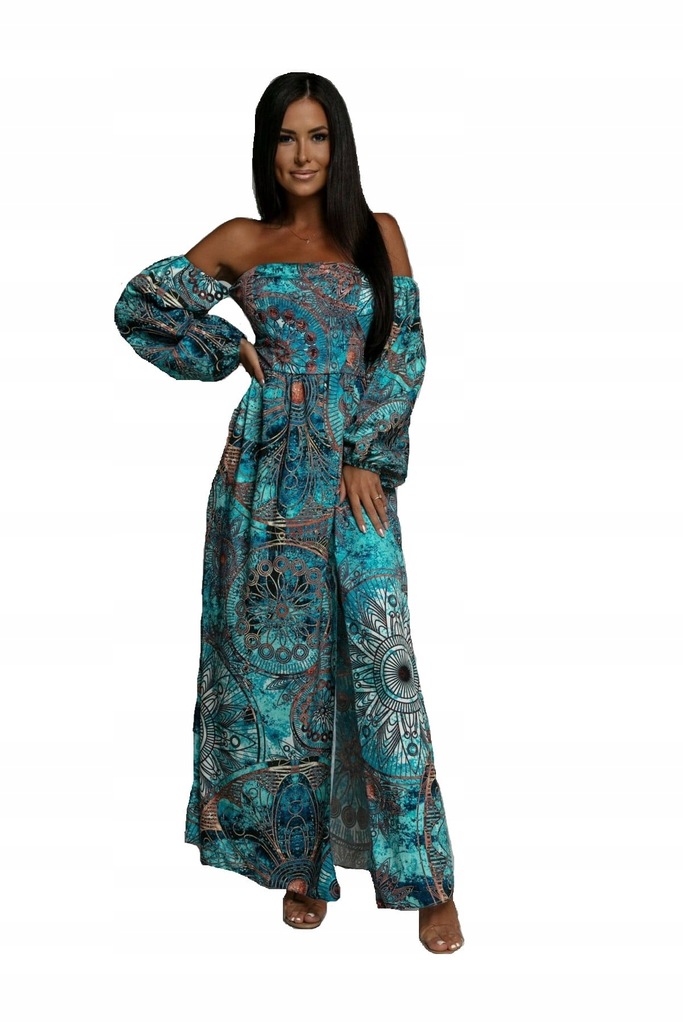Długa wzorzysta sukienka hiszpanka Azzurra