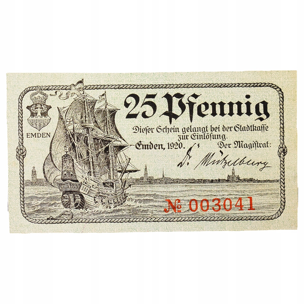 Banknot, Niemcy, Emden Stadt, 25 Pfennig, bateau,