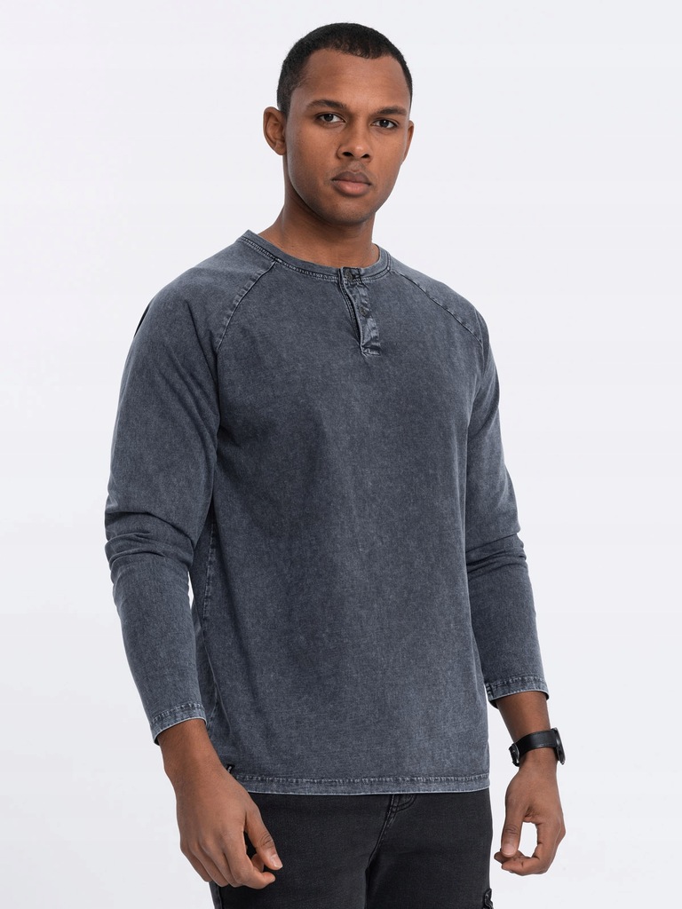 Longsleeve męski washowany henley ciemnogranatowy V2 OM-LSWL-22FW-001 L