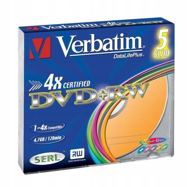 Verbatim DVD+RW, Colour, 43297, 4.7GB, 4x, slim box, 5-pack, bez możliwości