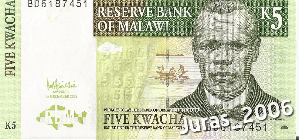 5 KWACHA Malawi 2005 UNC P-36c Afryka PIĘKNY Pomóż