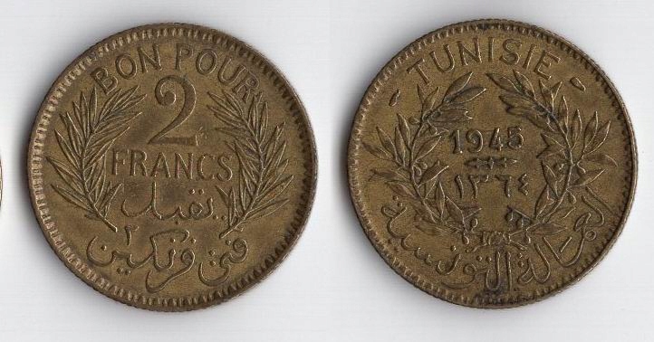 TUNEZJA FRANCUSKA 1945 2 FRANCS