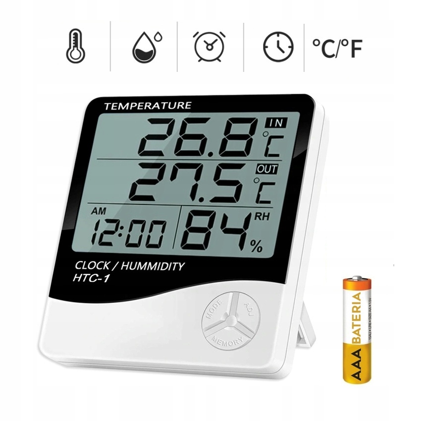 STACJA POGODY BEZPRZEWODOWA CYFROWY TERMOMETR ZEGAR HIGROMETR + BATERIA