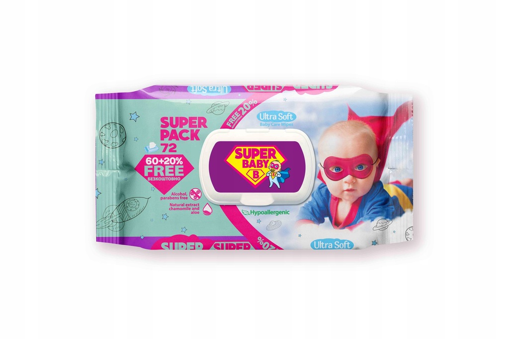 Super Baby Chusteczki nawilżane z rumiankiem i aloesem 72 sztuki (Chłopak)