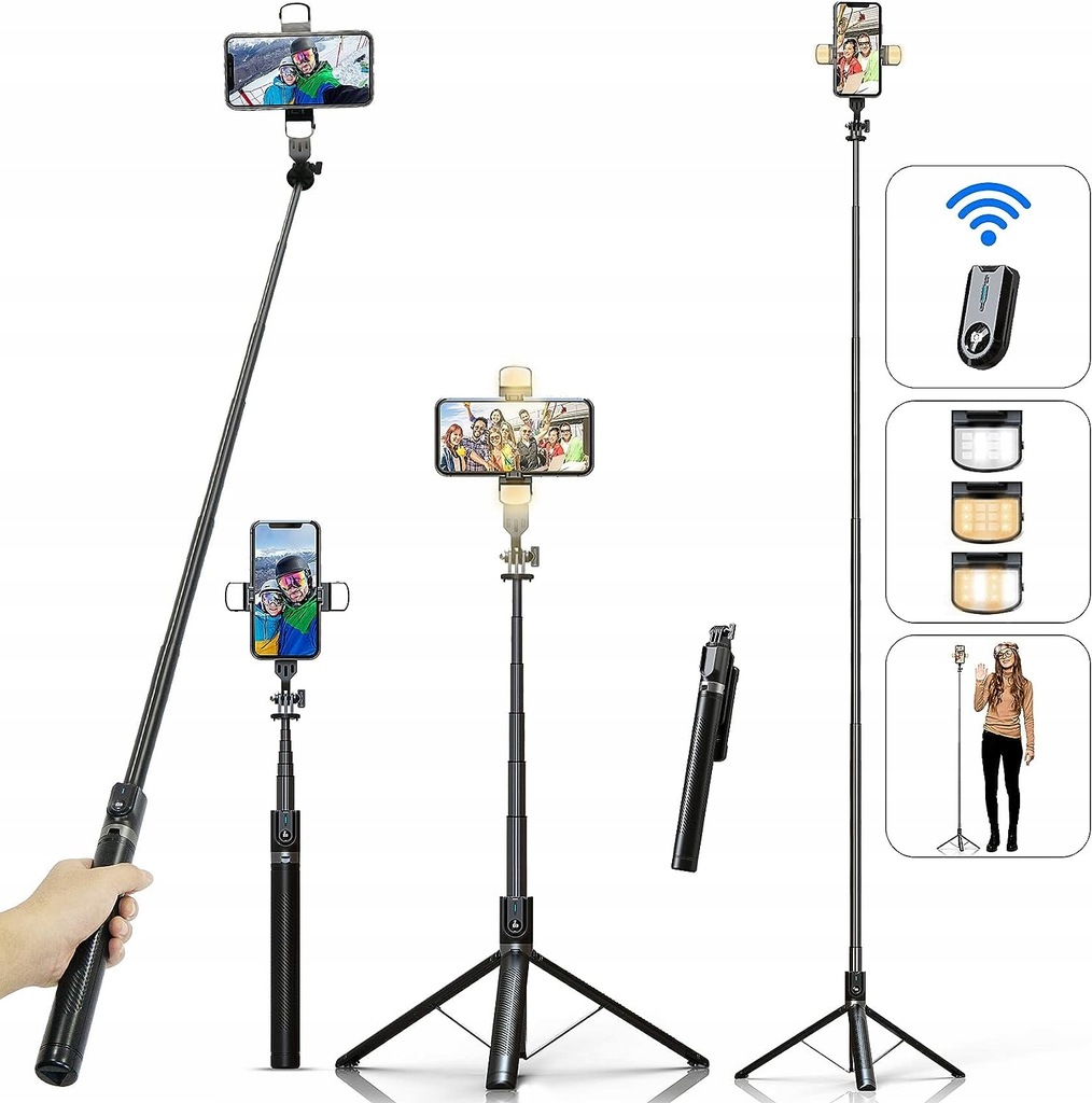 Selfie stick statyw do telefonu smartfona 180cm LED pilot /R