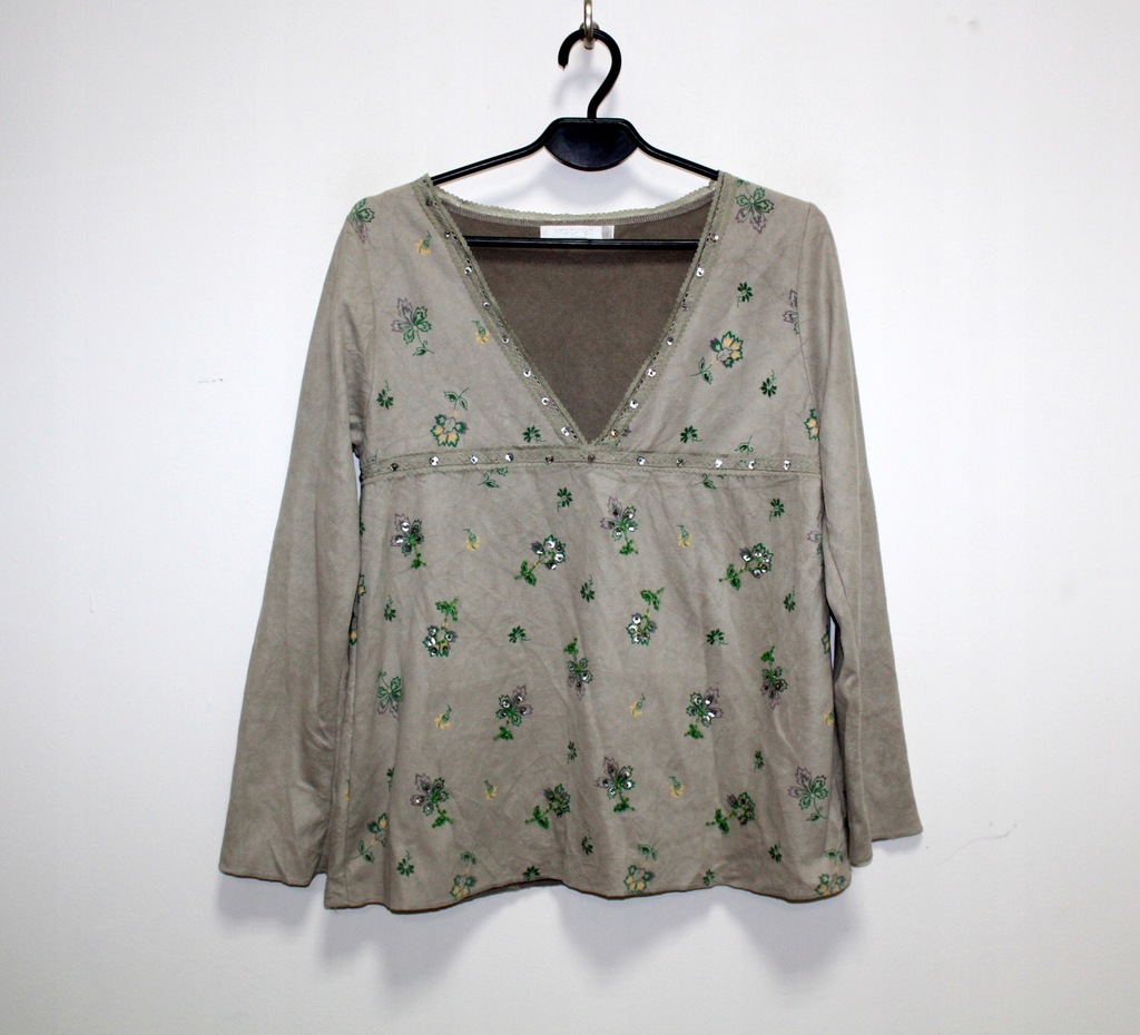Zielona zamszowa bluzka kwiaty cekiny vintage S 36