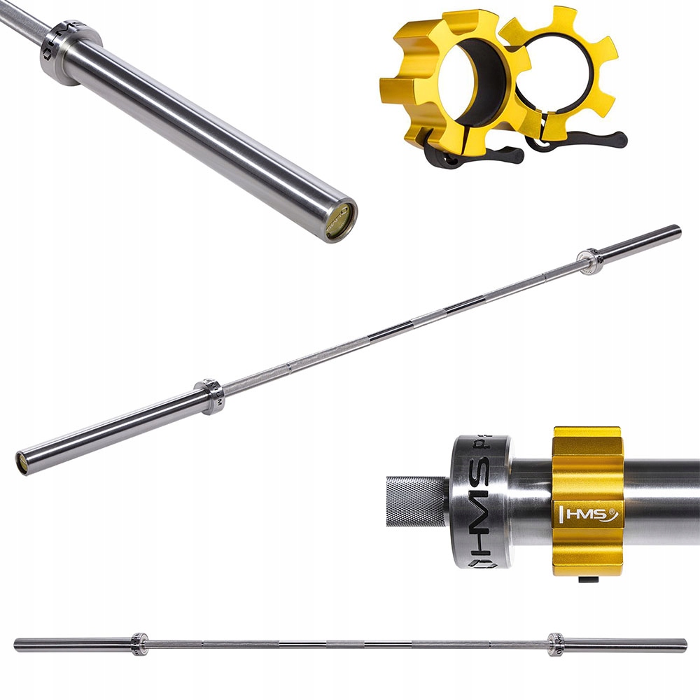 GRYF PROSTY OLIMPIJSKI 20KG 220cm/50mm ZACISKI PRO ZŁOTE LOCK JAW 2szt HMS