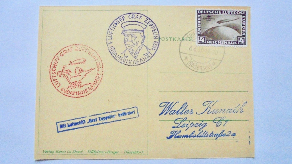 1930 DR-Zeppelin Mi.439 kasowany znaczek na pocztówce, wartość 500,- Euro
