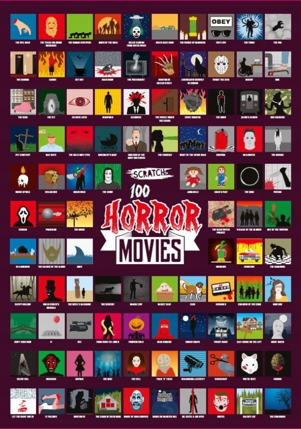 PLAKAT ZDRAPKA 100 FILMÓW HORRORÓW DO OBEJRZENIA
