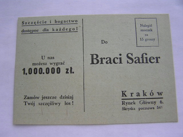 KRAKÓW BRACIA SAFIER - LOTERIA - KARTA ZAMÓWIEŃ