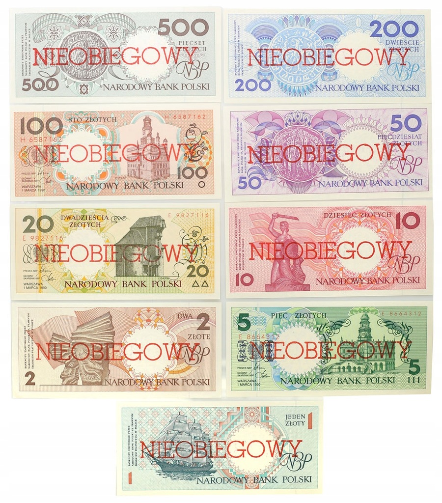 Miasta Polskie 1990 komplet banknotów NIEOBIEGOWY