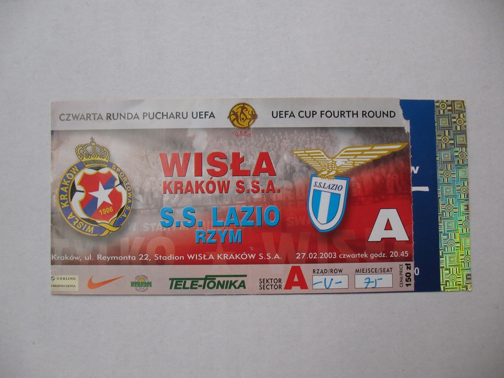 WISŁA KRAKÓW - S.S. LAZIO RZYM stary BILET 2003