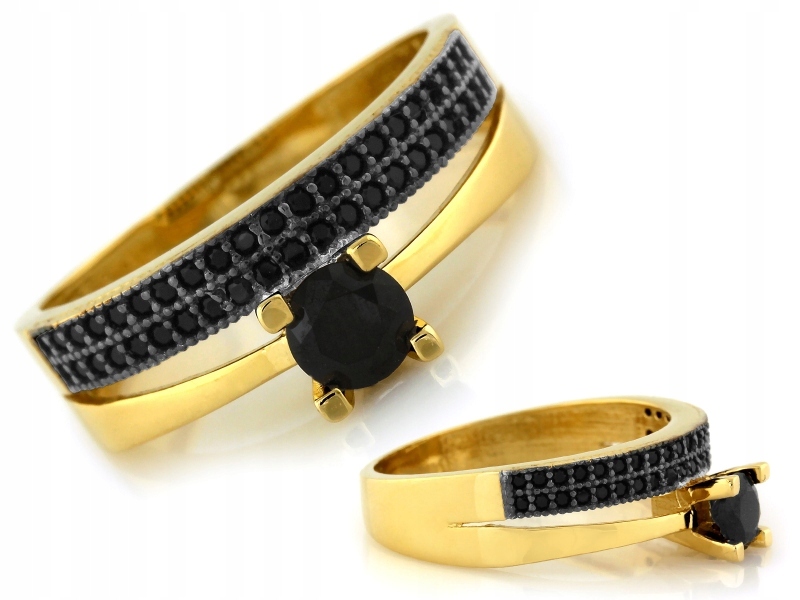 Złoty pierścionek podwójny z czarnymi cyrkoniami i rodem r20