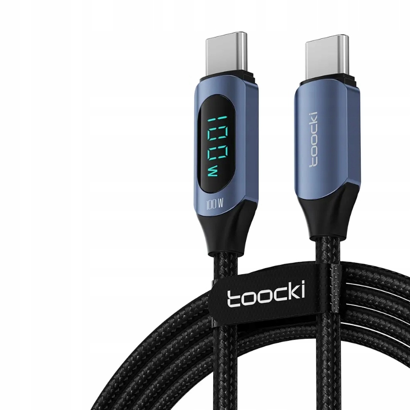 Kabel Ładowania 2m USB-C 100W QC Toocki Przewód Oplot Wyświetlacz Niebieski