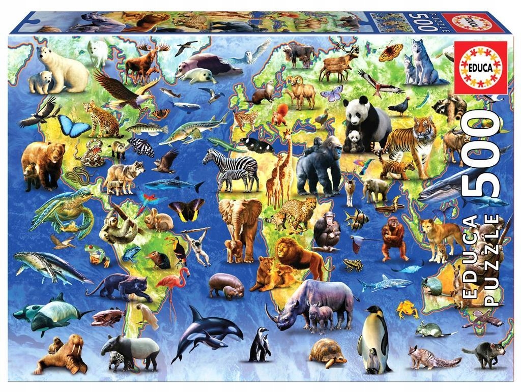 PUZZLE 500 MAPA ŚWIATA 100 ZAGROŻONYCH GATUNKÓW...