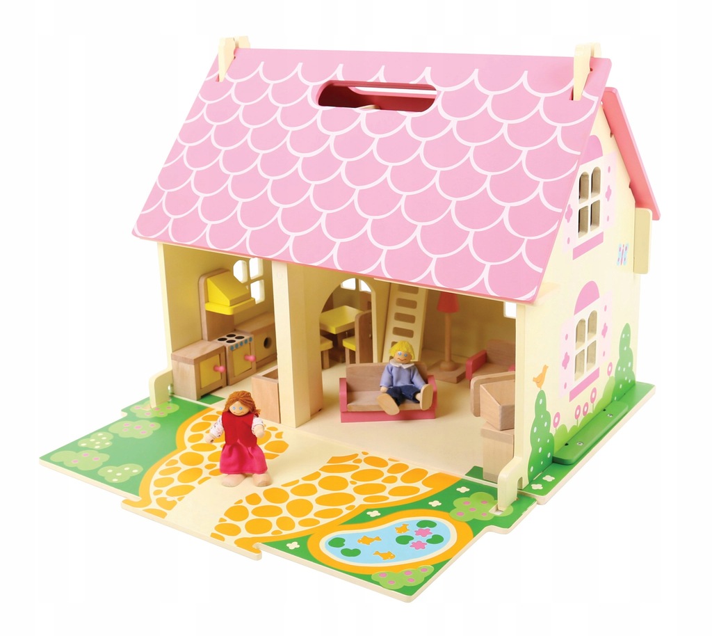 Zabawka drewniana Domek dla lalek mebelki + lalki