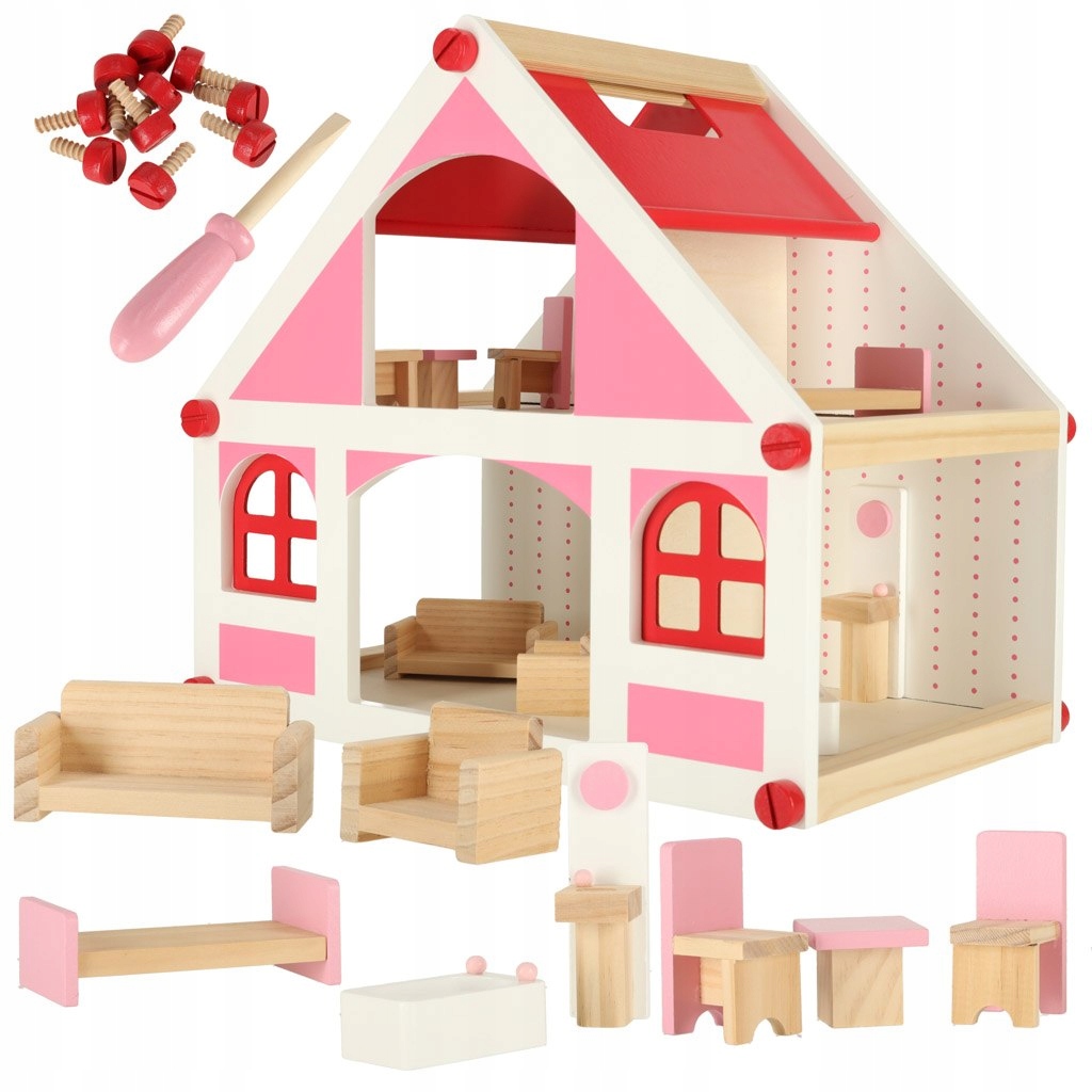 Domek dla lalek drewniany biały różowy + mebelki 36cm