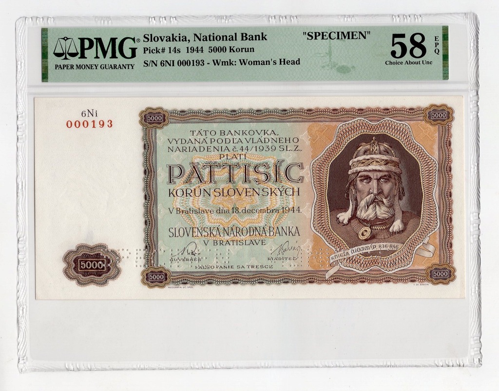 Słowacja 5000 koron 1944 SPECIMEN Grading PMG 58 EPQ niski nr