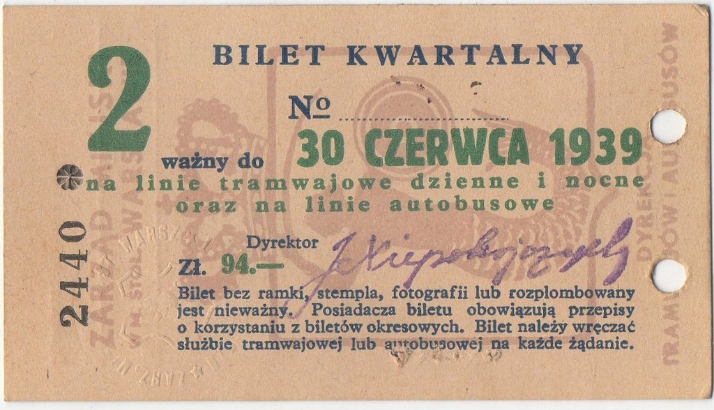 Bilet kwartalny - komunikacja miasta Warszawa 1939