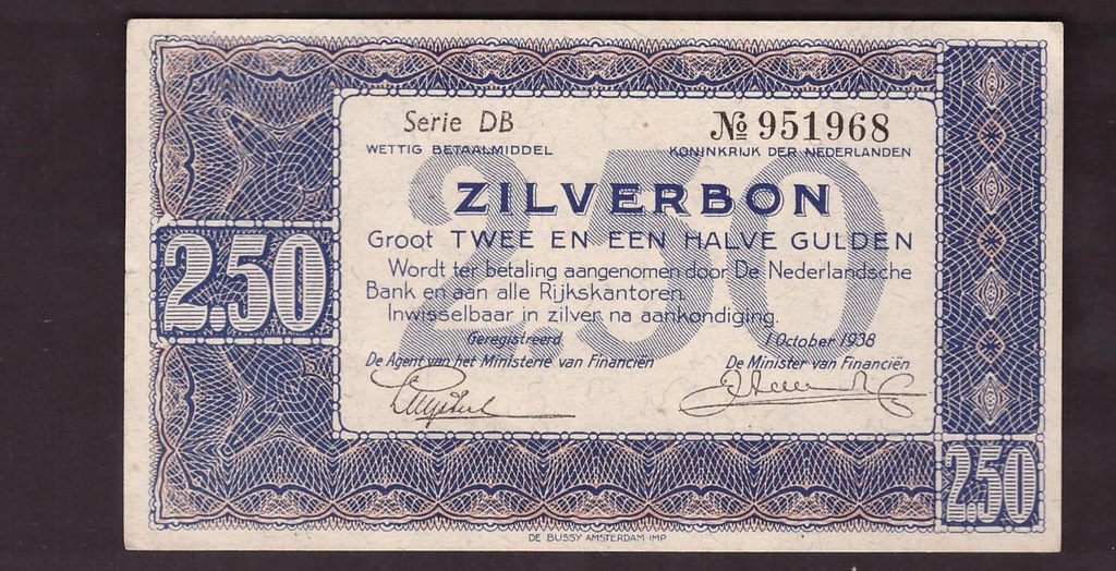 Holandia - banknot - 2-1/2 Gulden 1938 rok