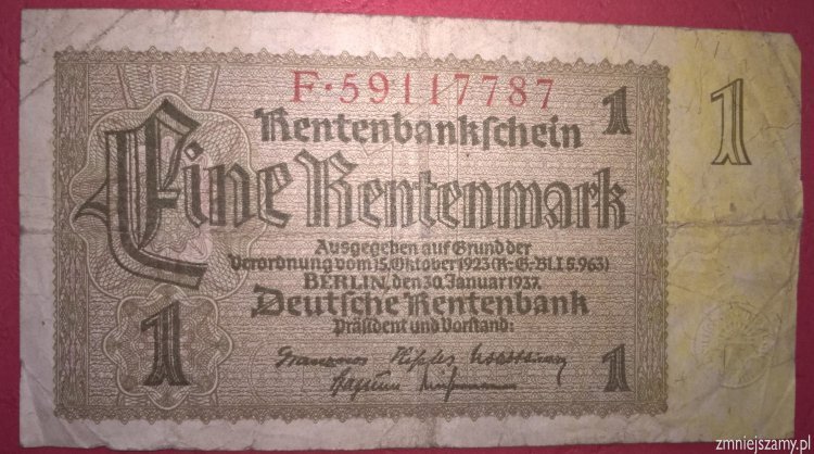 WOŚP Niemcy - Oryginalna 1 marka z 1937r. seria F