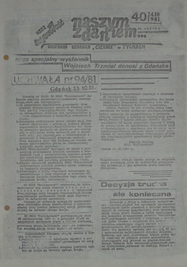 NASZYM ZDANIEM nr 40, Solidarność Tychy 1981