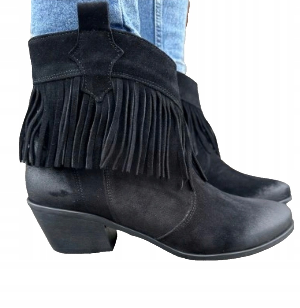 Botki damskie czarne skóra nat przecierane 1452 kowbojki frędzle Exquisite