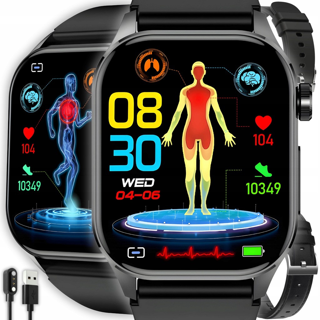 SMARTWATCH ZEGAREK EKG POMIAR CUKRU GLUKOZA PULS CIŚNIENIE ROZMOWY MENU PL
