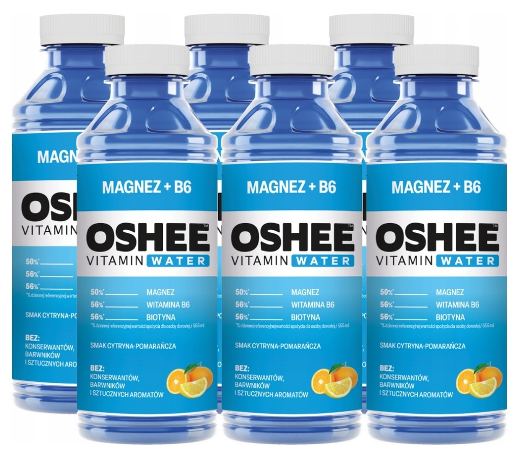 6x OSHEE Vitamin Water Magnez + B6 Cytryna - Pomarańcza 555 ml