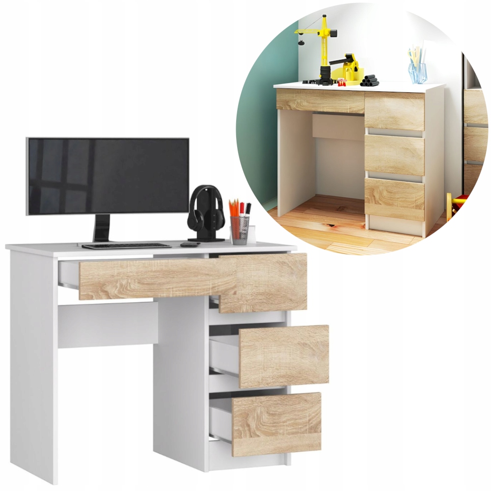 BIURKO KOMPUTEROWE BIAŁE DĄB SONOMA Z SZUFLADY NOWOCZESNE 90cm PRAWE A3