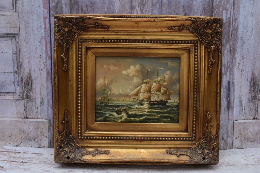 Marynistyka - Statki na Morzu - Obraz Olejny - Złota Rama 47x42