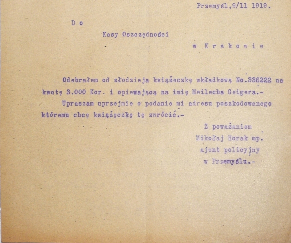 1919 o skradzionej książeczce składkowej PRZEMYŚL