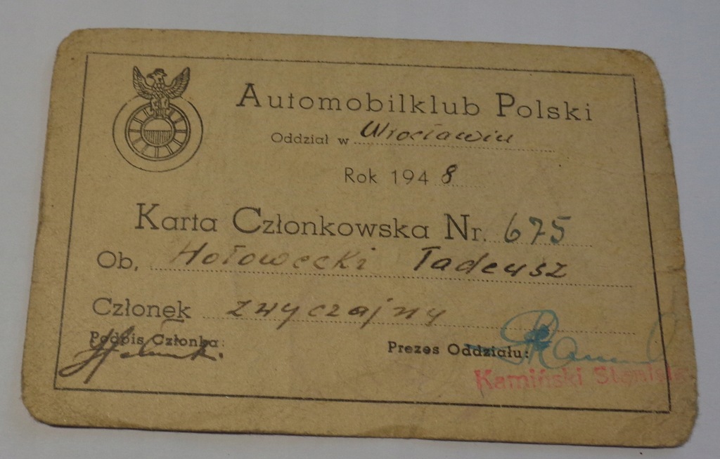 KARTA CZŁONKOWSKA AUTOMOBILKLUB POLSKI 1948